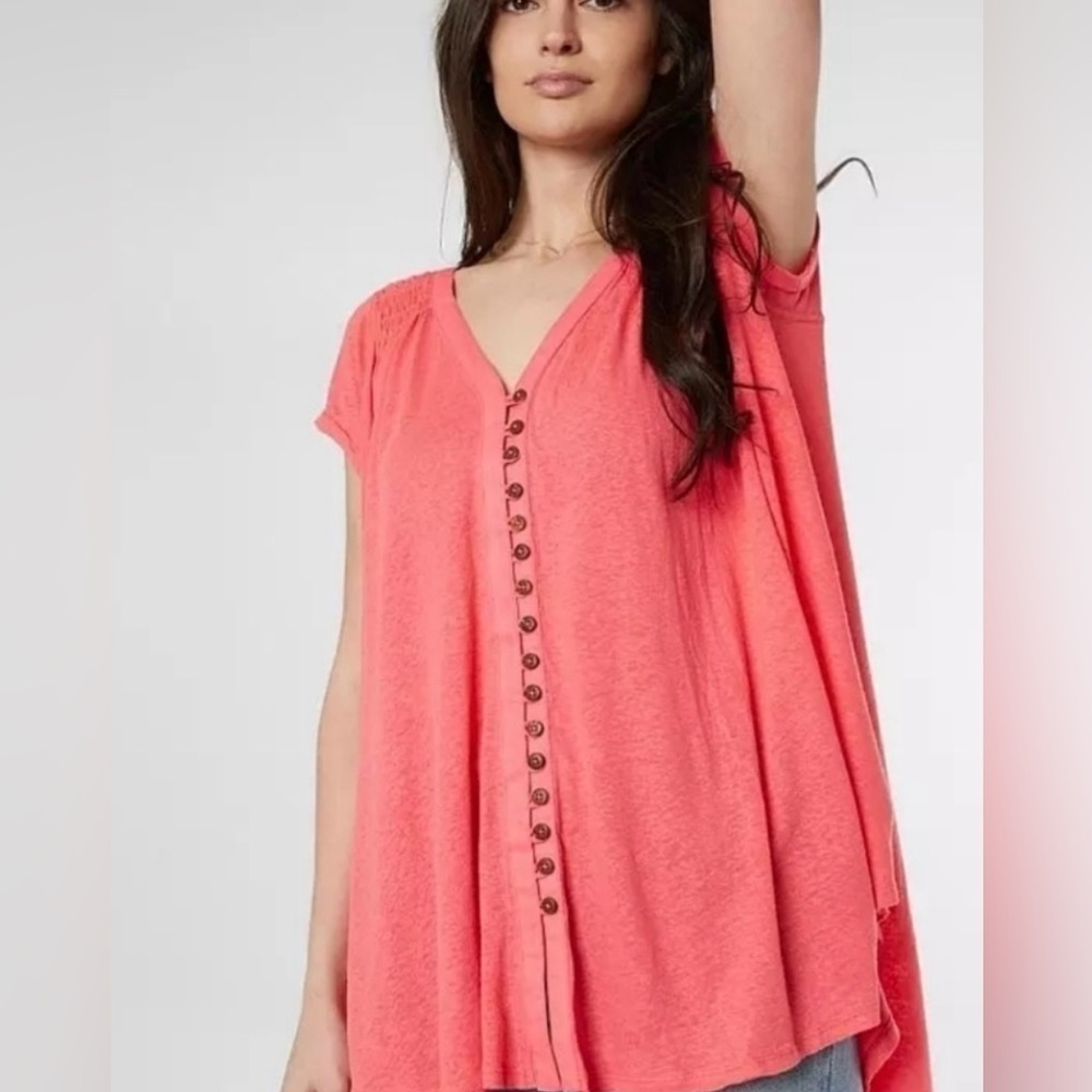 Free People Small Highland Linen Blend Red Button Front Tee Women's Top